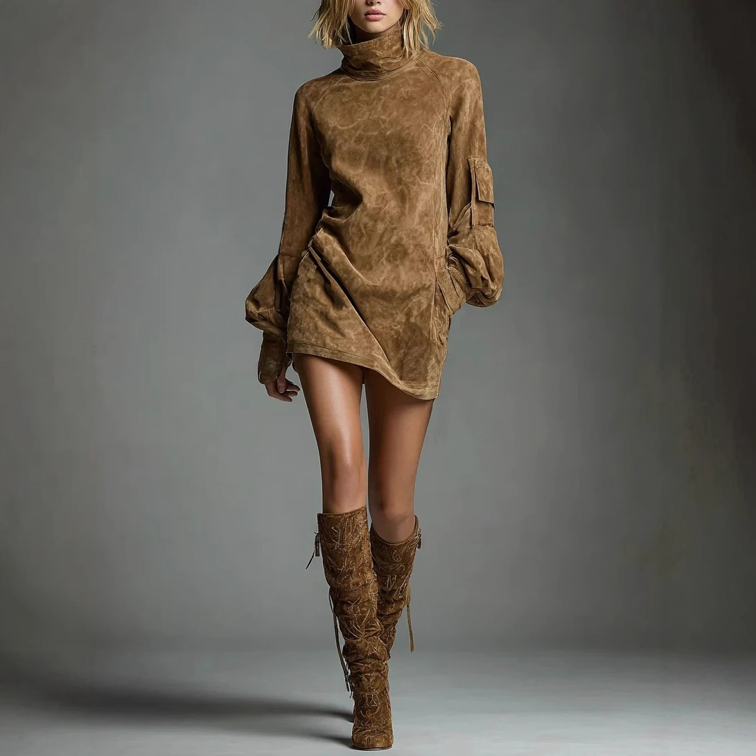 Faux Suede High Neck Long Sleeve Mini Dress with Pockets