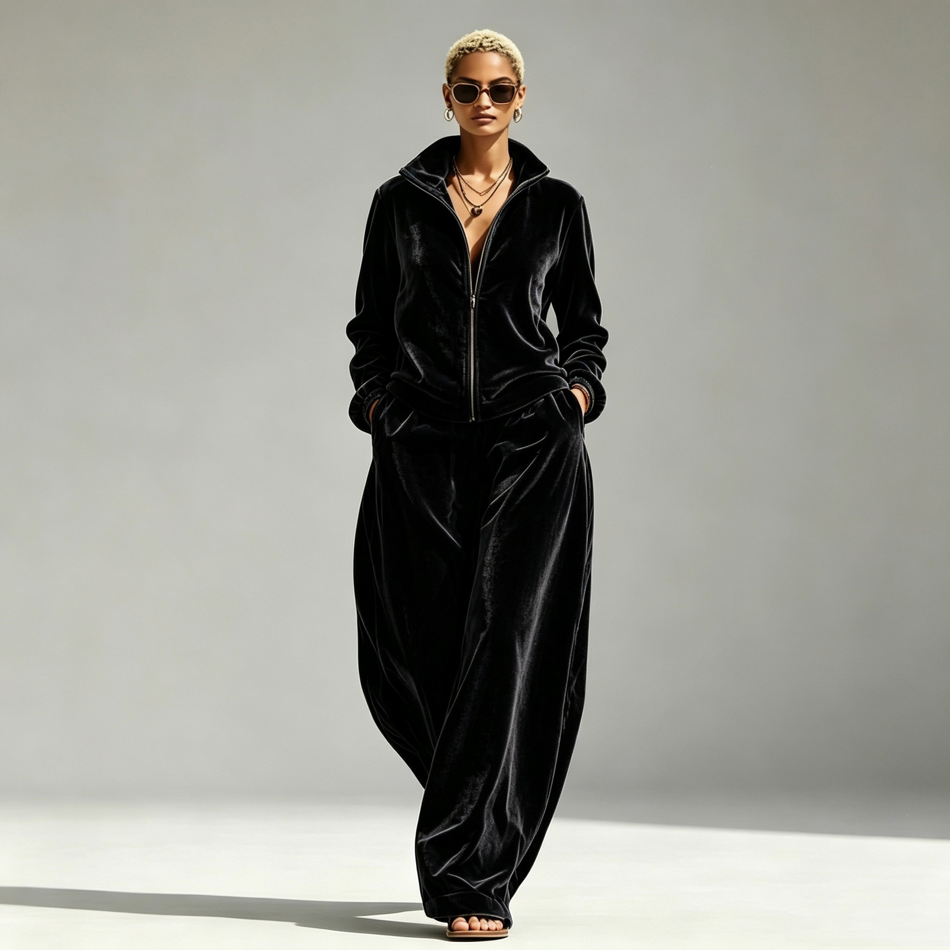 2026 Amazon Independent Site Hot-Selling Women's Autumn/Winter New Casual Stand Collar Gold Velvet Loose Pants Two-Piece Set
