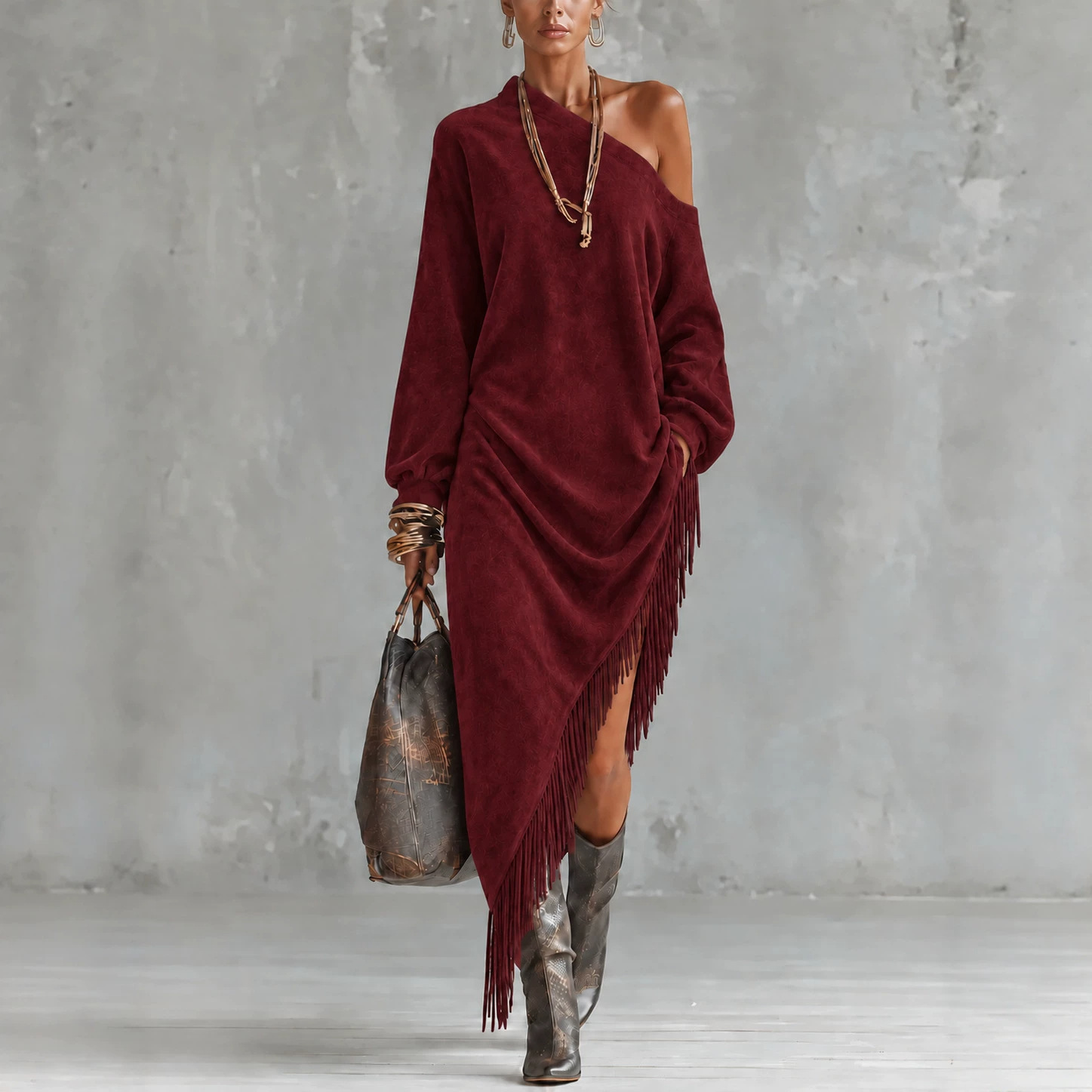 Women's Loose One-Shoulder Asymmetric Fringe Midi Dress