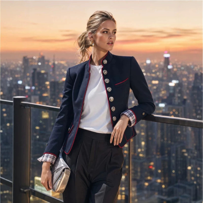 Elegant Stand-Collar Plaid-Cuff Navy Jacket