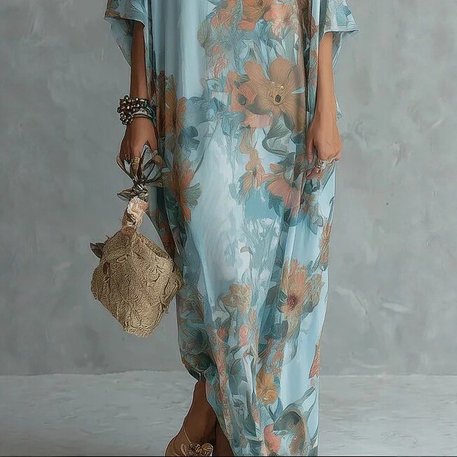 V-Neck Ruffle Waist Floral Print Maxi Dress
