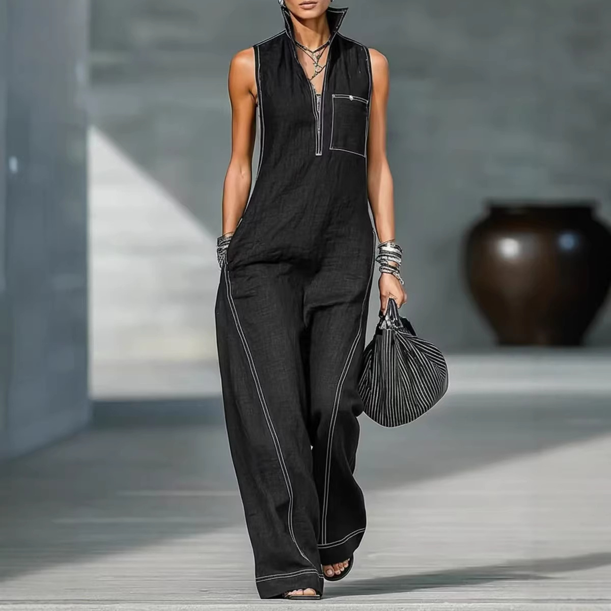 Women's Sleeveless Stand Collar Loose Cotton-Linen Jumpsuit