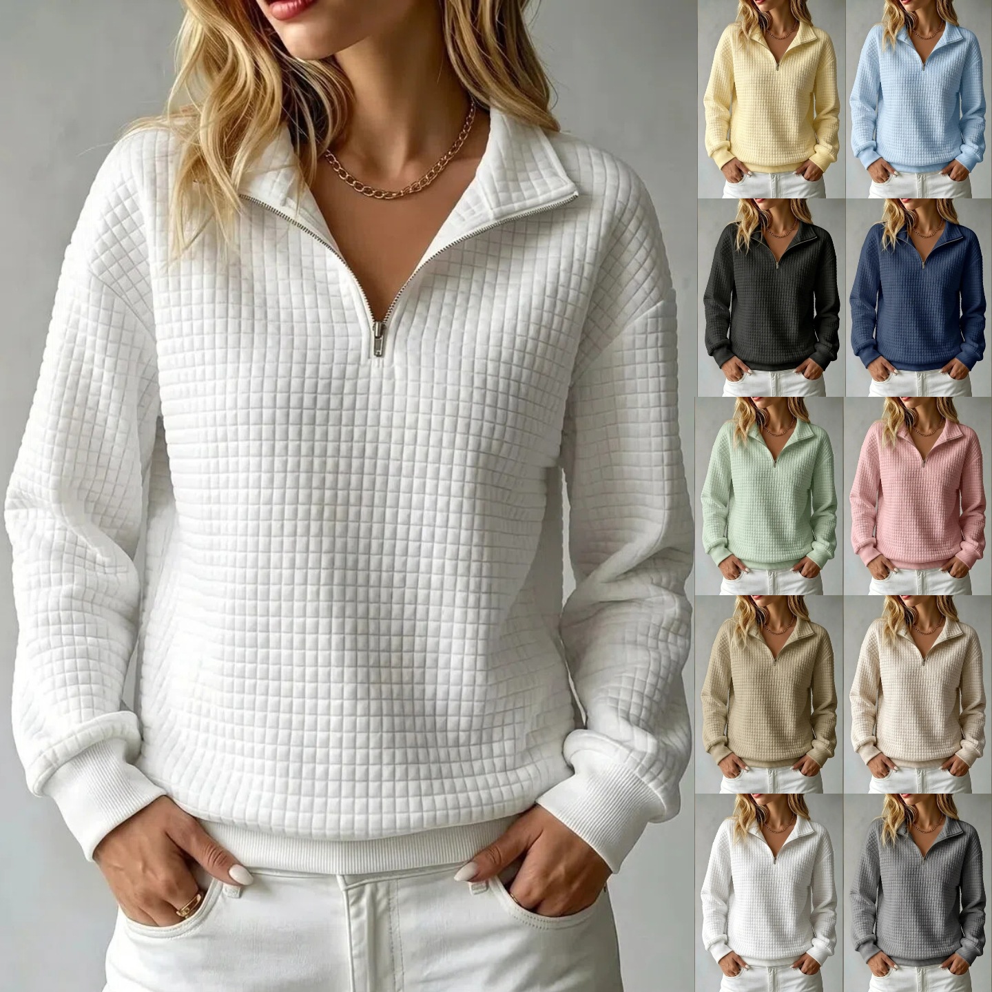 Women's Waffle Knit Zip-Up Long Sleeve Sweatshirt Solid Color Loose Fit
