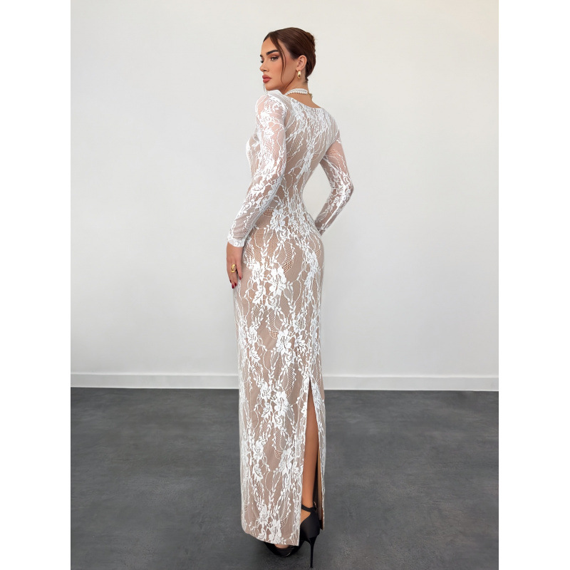 Elegant Square Neck Lace Trim Long Sleeve Bodycon Maxi Dress