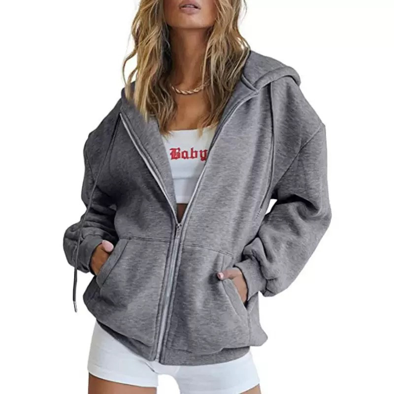 Women's Minimalist Solid Print Zip-Up Hoodie