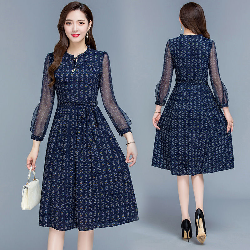 Floral Print A-Line Midi Dress with Mesh Splicing and Waist Tie