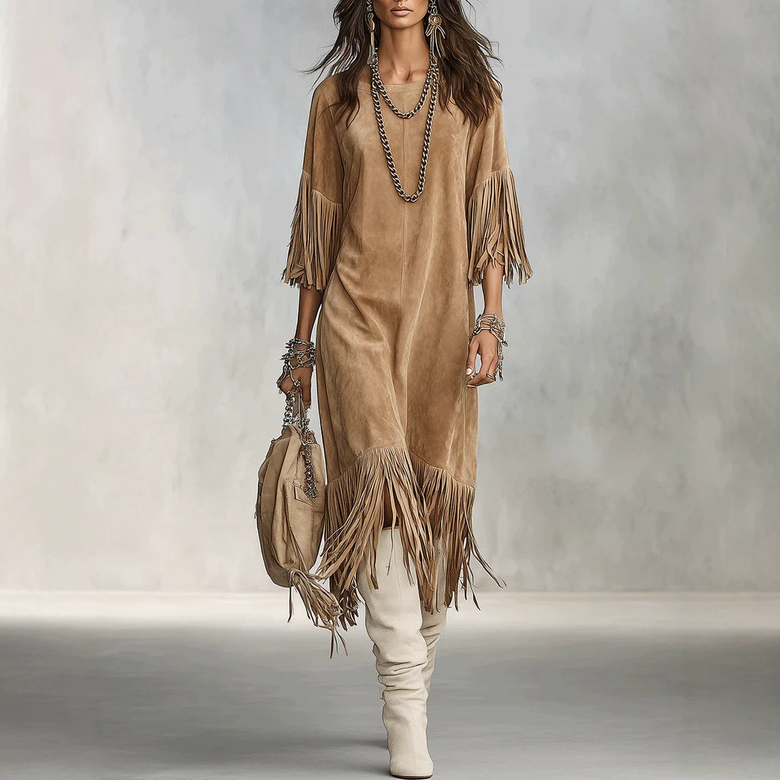 Bohemian Fringe Crewneck Drop Shoulder Dress