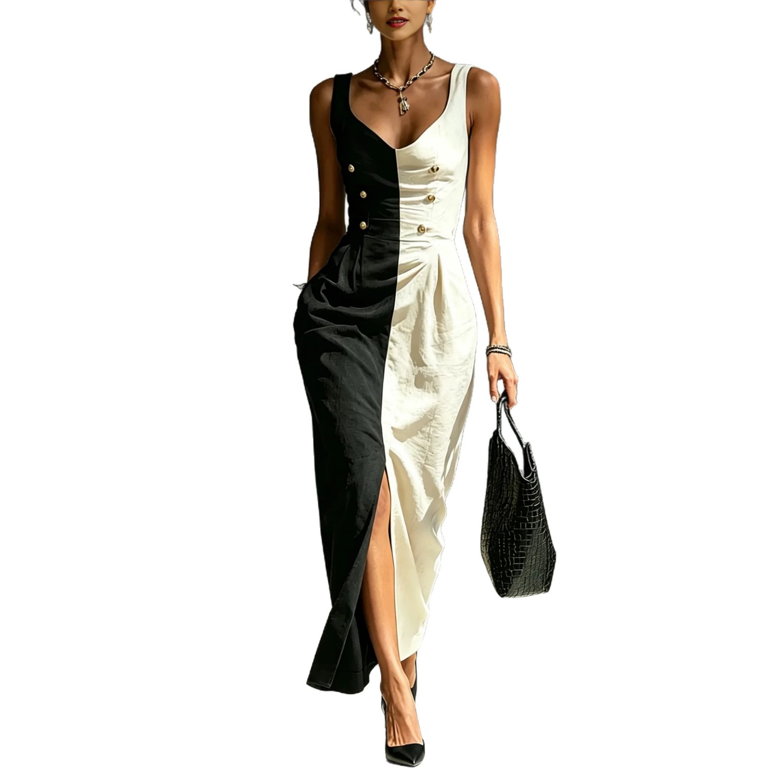 French One-Shoulder Cami Dress Colorblock A-Line Midi