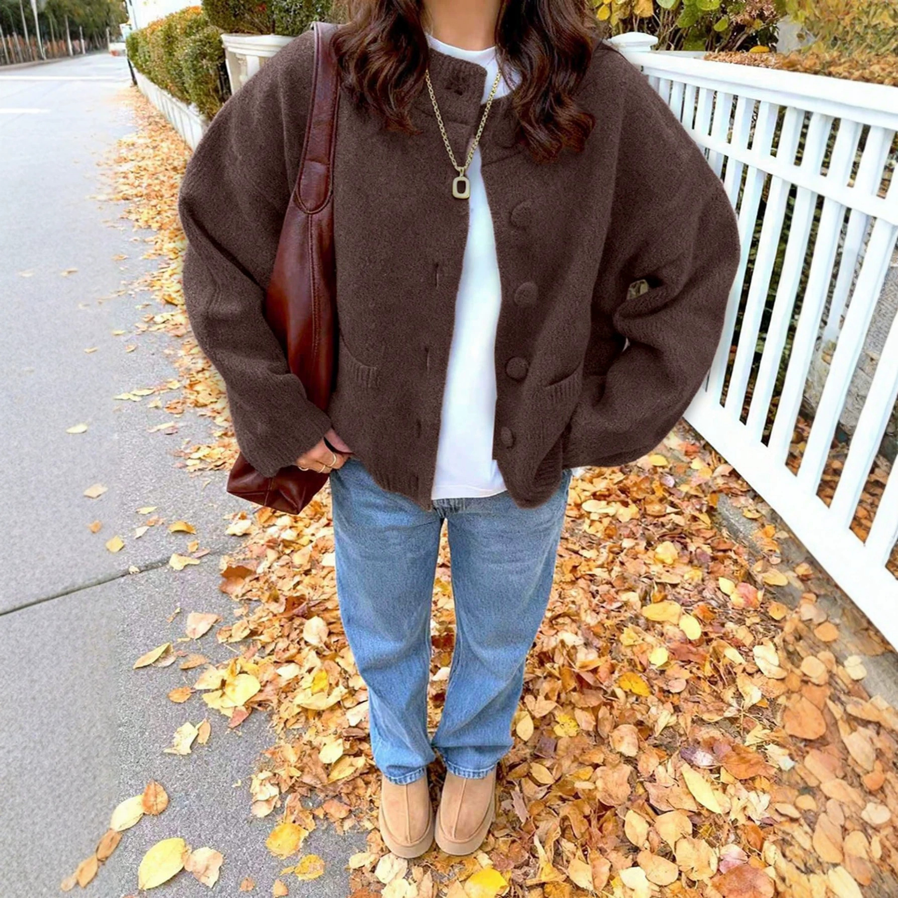 Women's Knit Cardigan Sweater, Solid Color Single-Breasted Round Neck with Pockets, Loose Fit