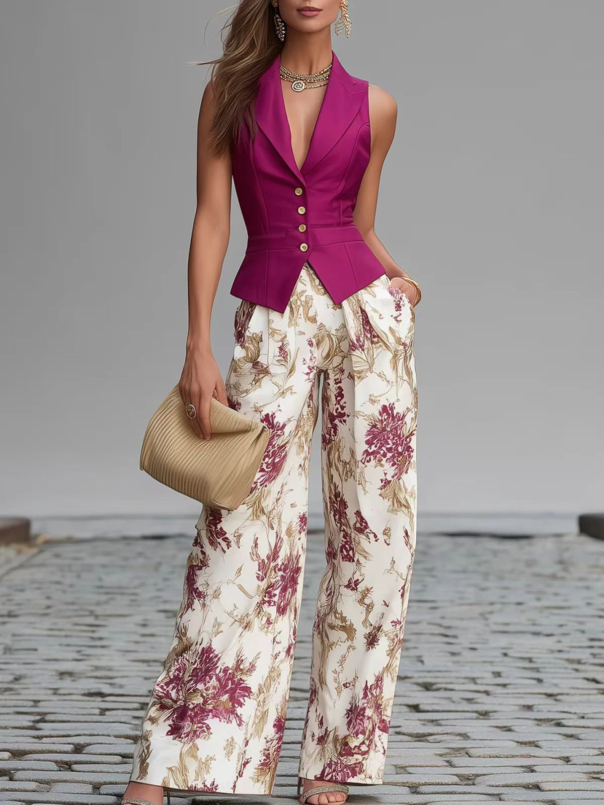 Purple Sleeveless Vest and Printed Wide-Leg Pants Two-Piece Set