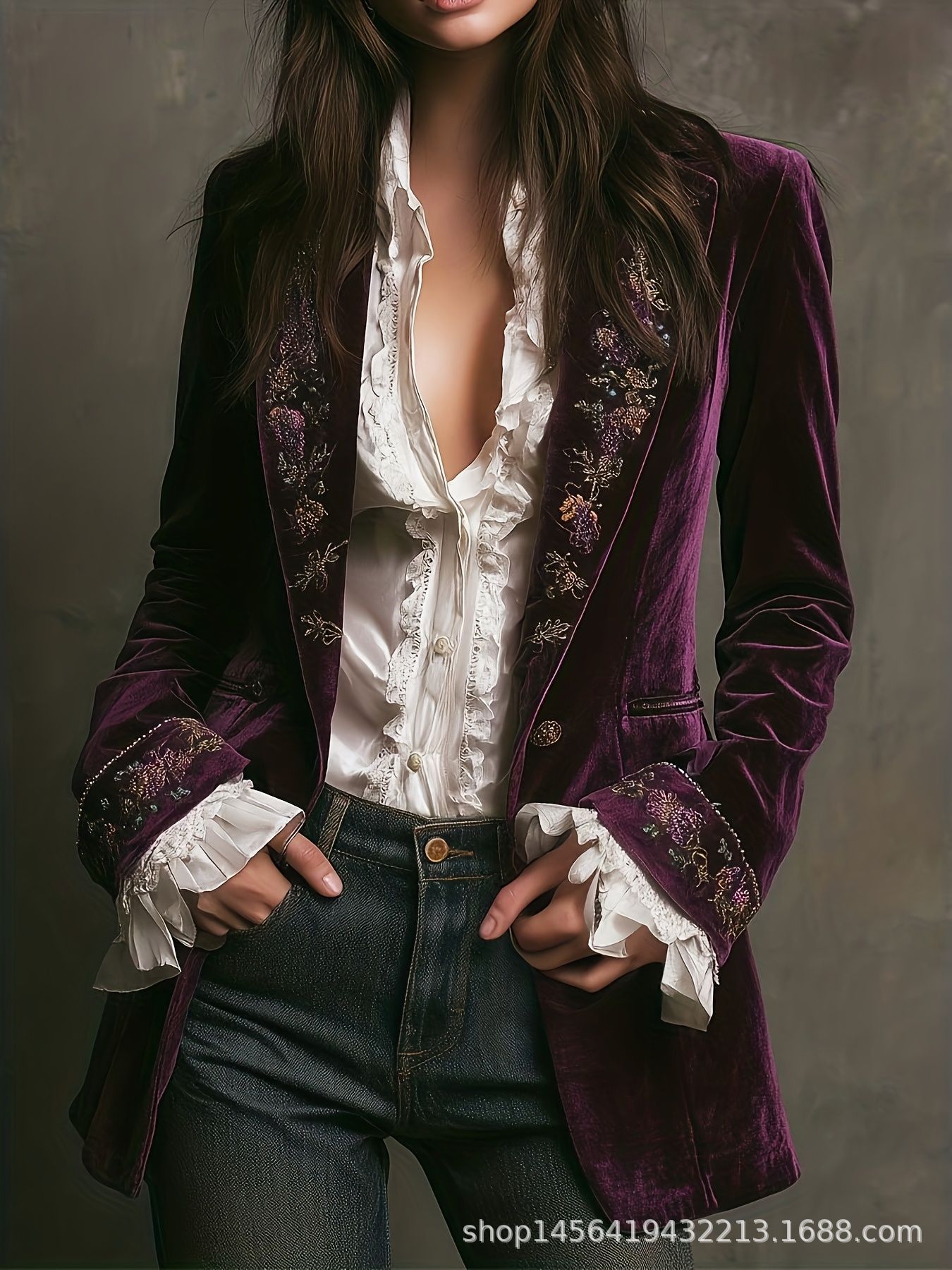 Women's Long Sleeve Colorblock Lace Trim Velvet Jacket