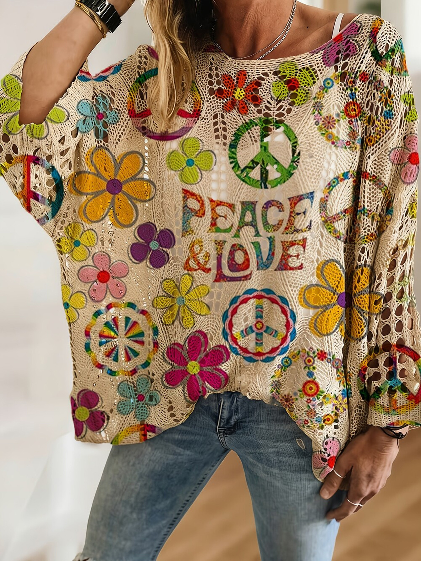 Women's Crochet Hollow-Out Colorful Print Batwing Sleeve Knit Sweater