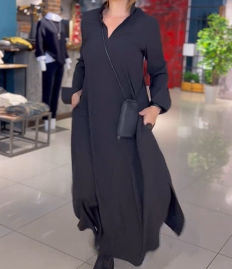 Women's Casual Solid V-Neck Long Sleeve Pocket Dress