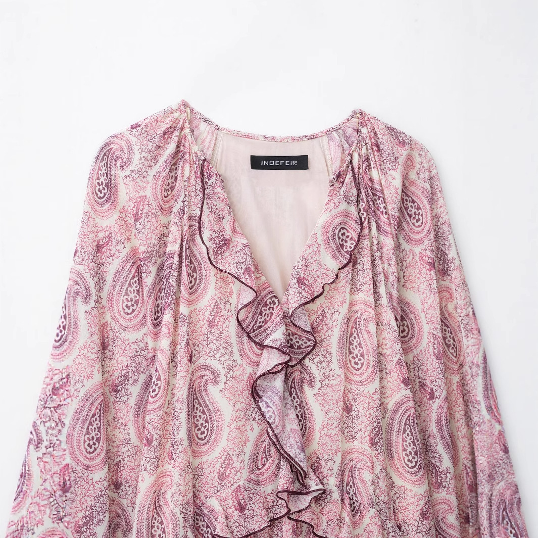 Layered Print Loose A-Line Long Dress with V-Neck and Ruffles