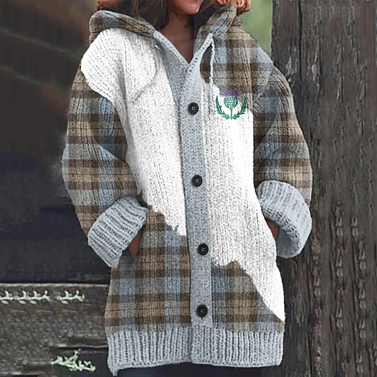 Women's Boho Print Hooded Button Cardigan Sweater