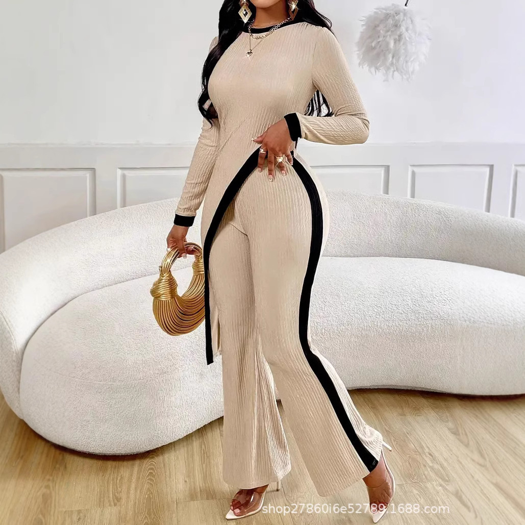 Women's Color-Block Long-Sleeve T-Shirt & Patchwork Pants Set