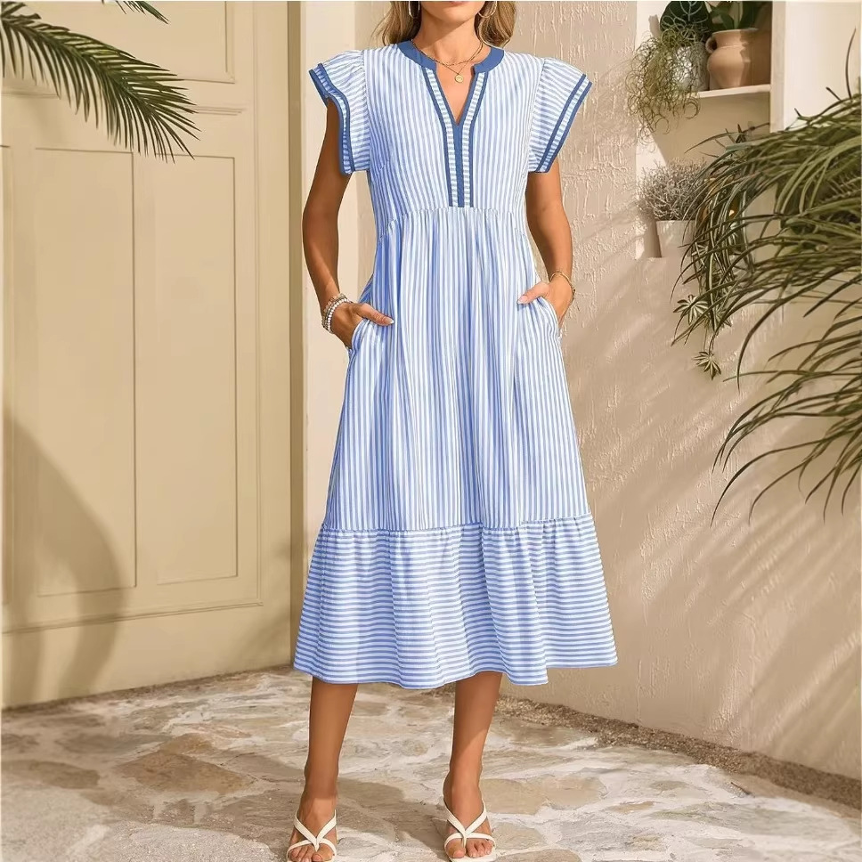Striped Double Ruffle Short Sleeve Colorblock V-Neck Dress