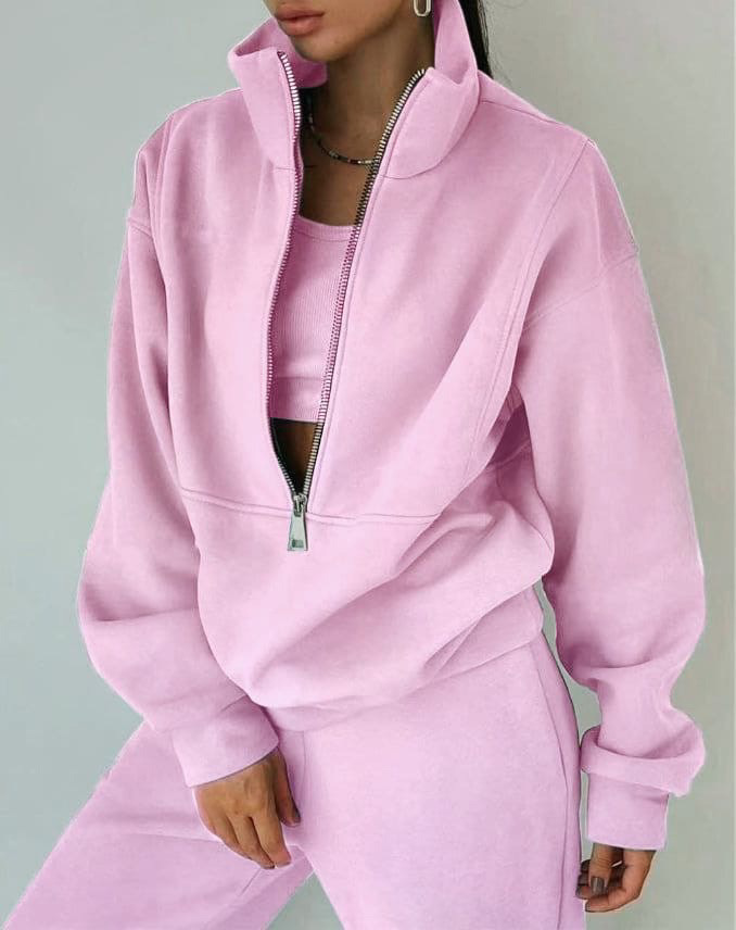 Women's Fleece Zip-Up Tracksuit Set Casual Athleisure