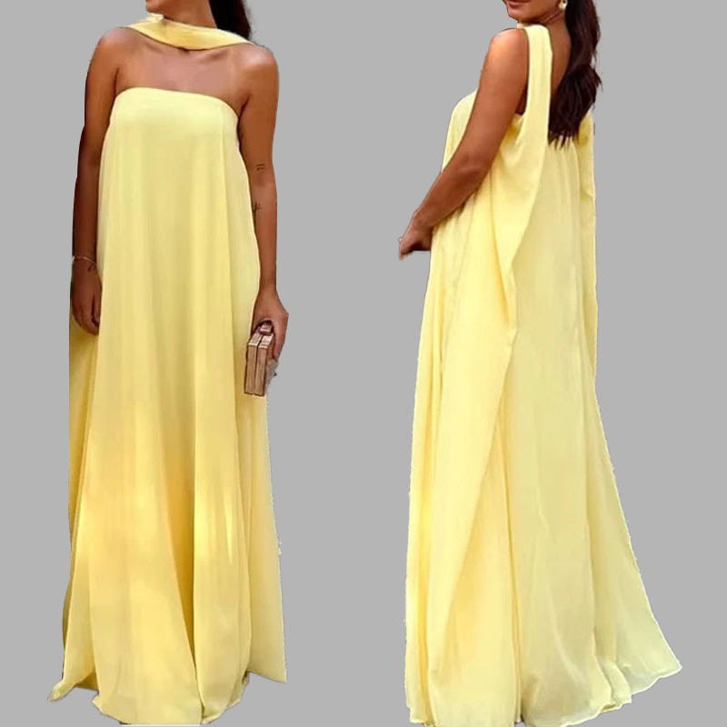 Women's Strapless Long Evening Dress Solid Color High Waist