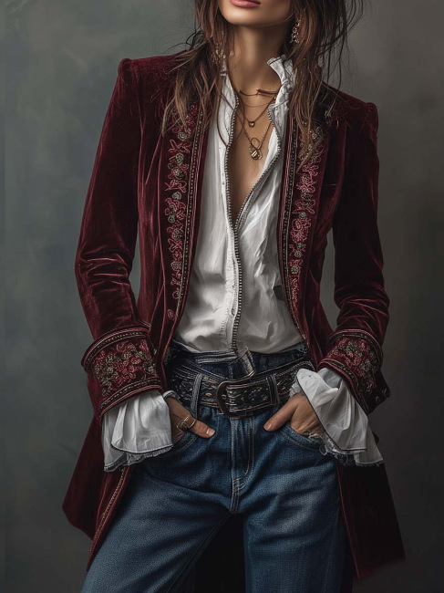 Women's Long Sleeve Solid Color Lace Trim Velvet Jacket
