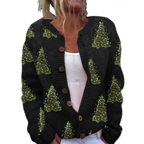 Women's Cartoon Forest Maple Leaf Print Button Cardigan Sweater