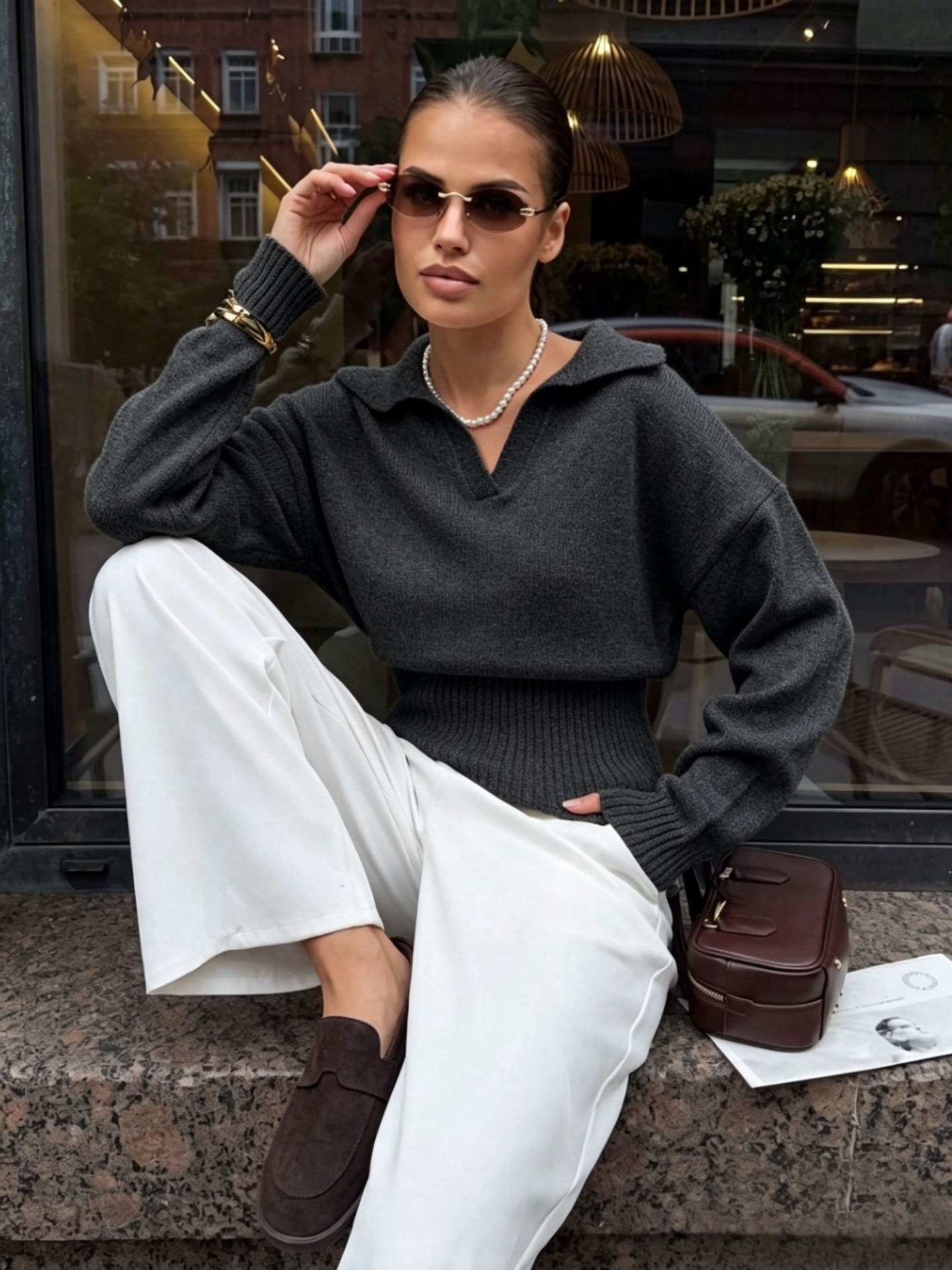 Women's V-Neck Fitted Waist Loose Long Sleeve Pullover Top