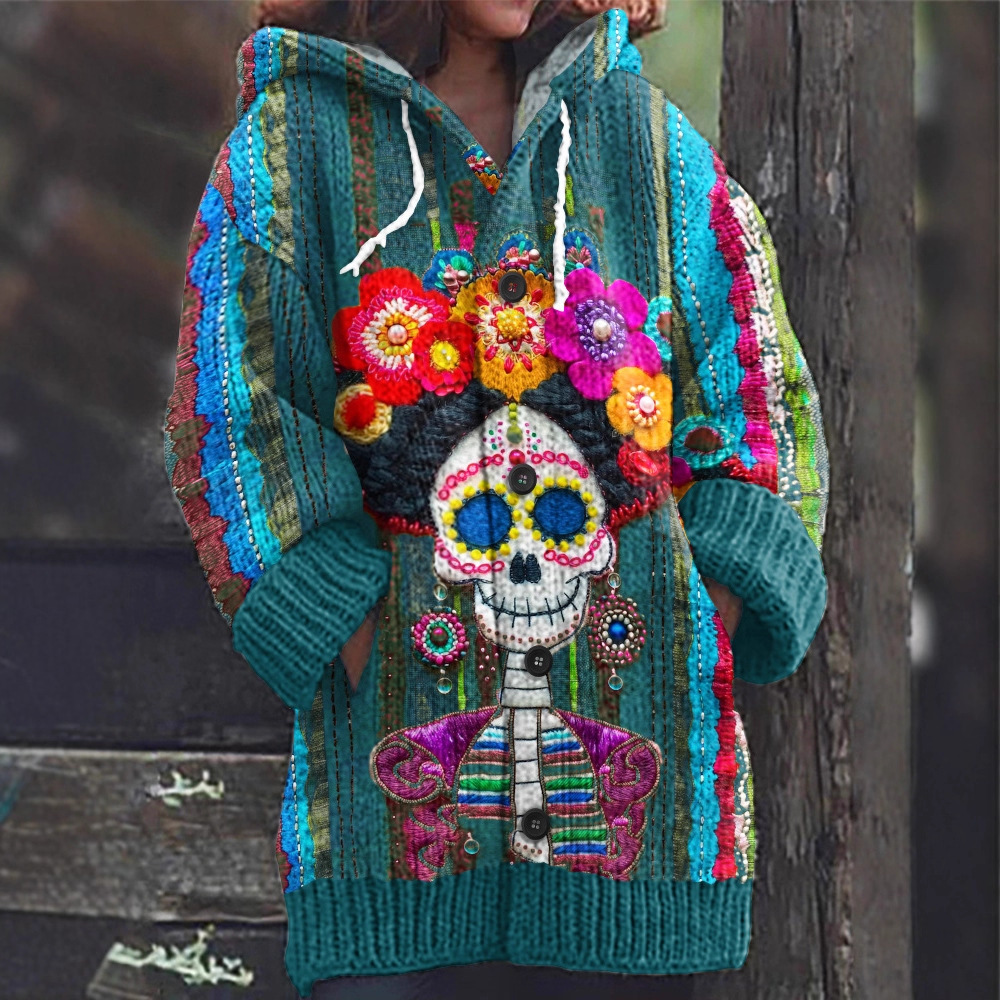 Women's Halloween Zombie Floral Print Hooded Button Cardigan Sweater