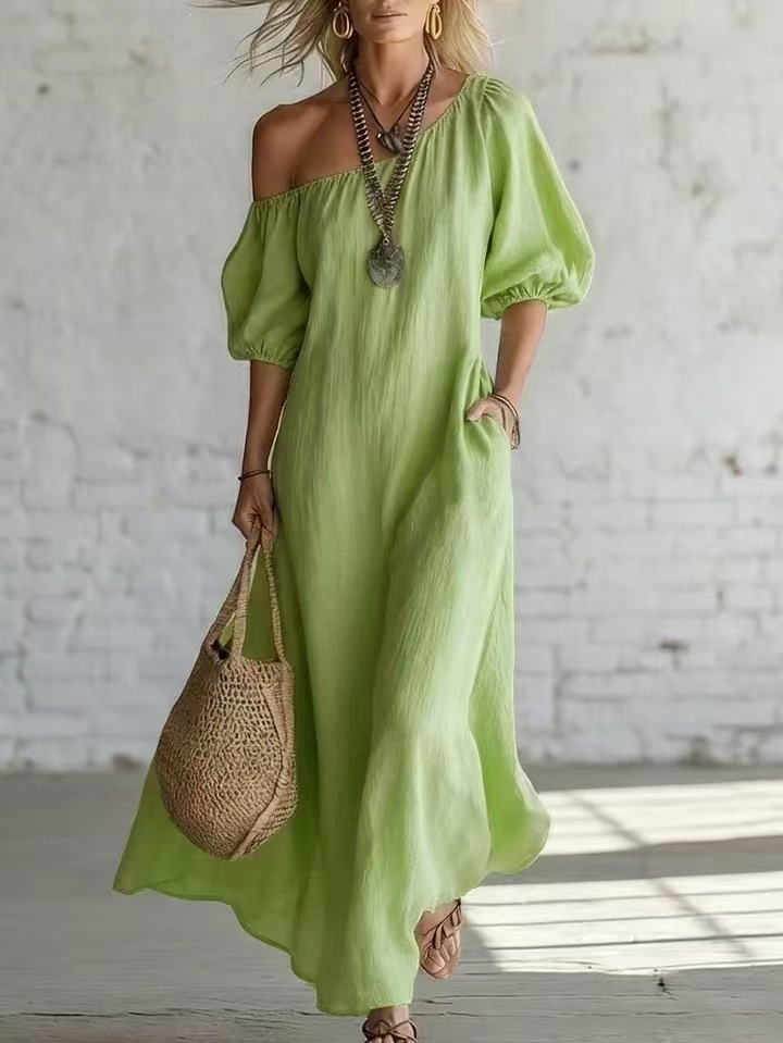 Women's Summer Solid Color Loose Off-Shoulder Vintage Long Cotton-Linen Dress