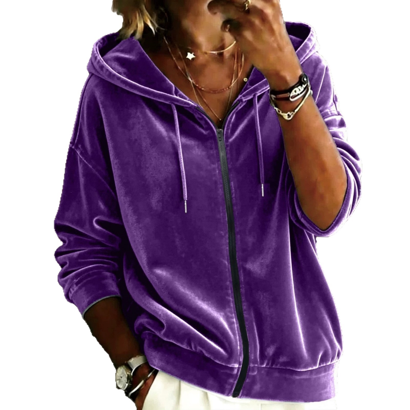 Hooded Solid Velvet Zip-Up Loose Fit Sweatshirt