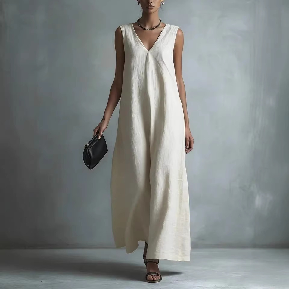 Women's V-Neck Sleeveless Linen-Look A-Line Midi Dress