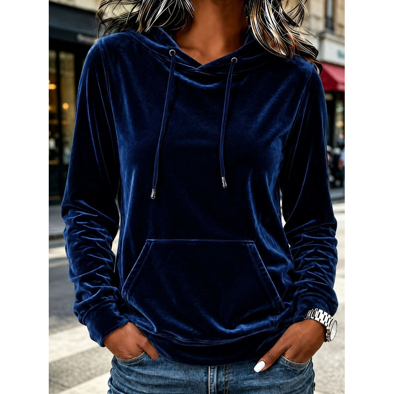 Women's Velvet Hooded Pullover Sweatshirt with Drawstring