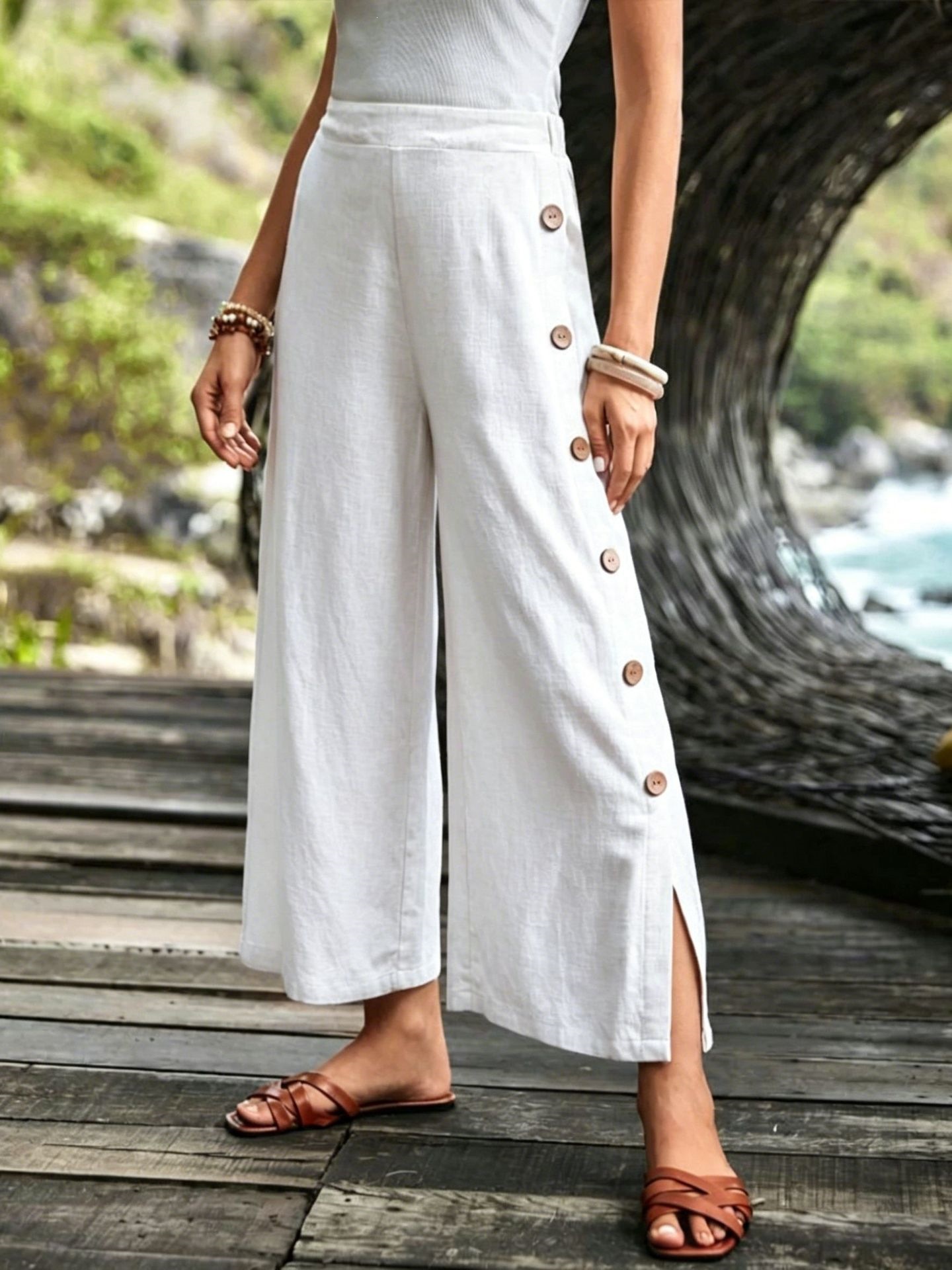 Cotton-Linen Wide-Leg Split Hem Pants