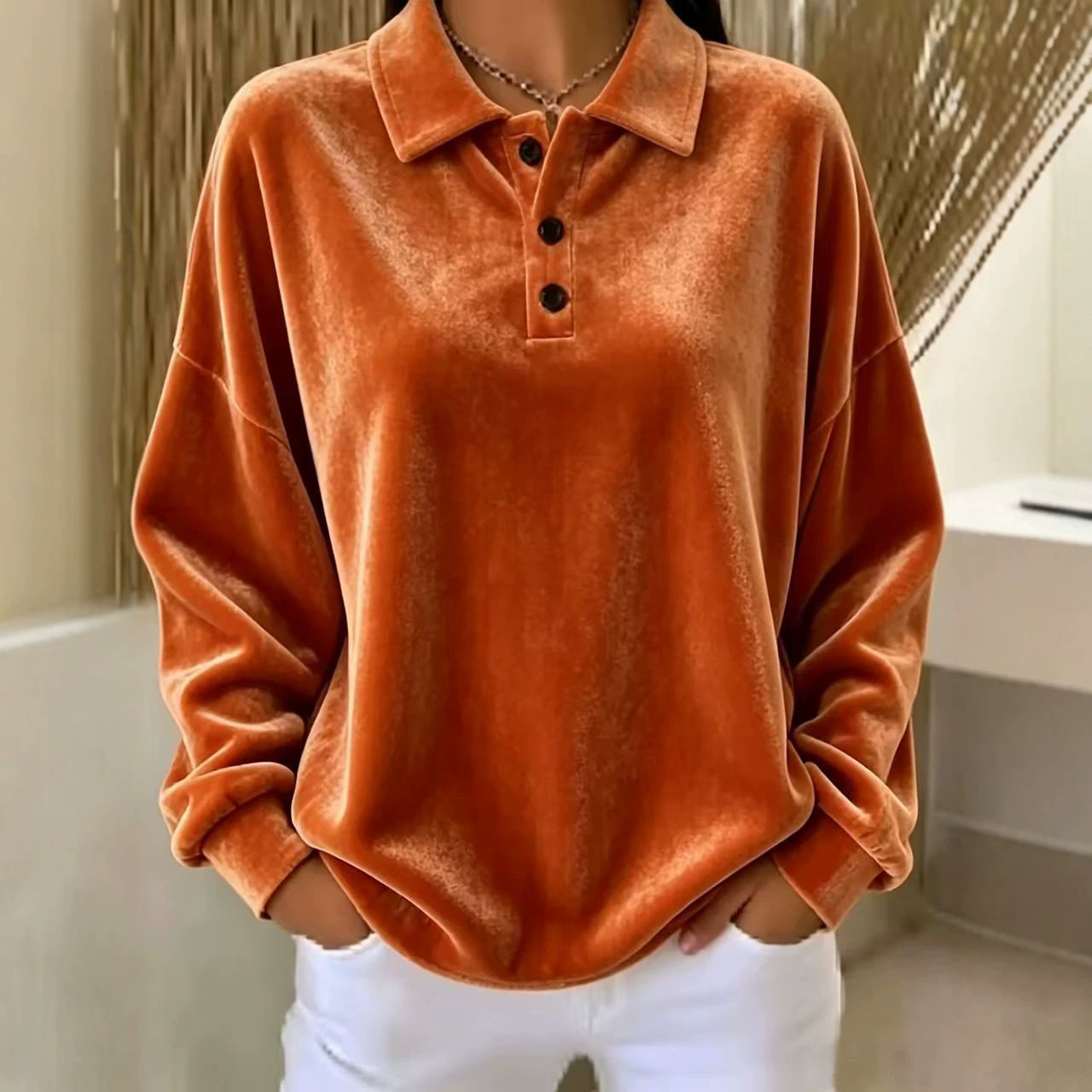 Women's Loose Velvet Button-Up Long-Sleeve Sweatshirt