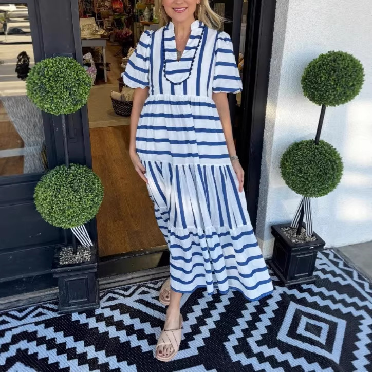 Striped Long Dress with V-Neck and Lantern Sleeves