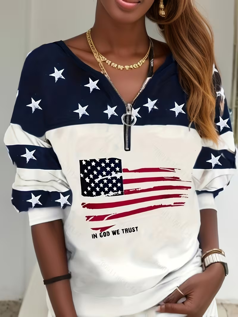 American Star Striped Heart Flag Print Half-Zip Long Sleeve Top for Women