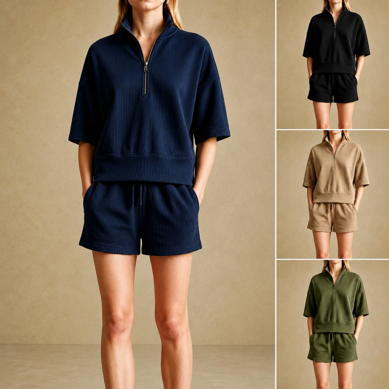 Women's Half-Zip Ribbed Short Sleeve and Shorts Athletic Set