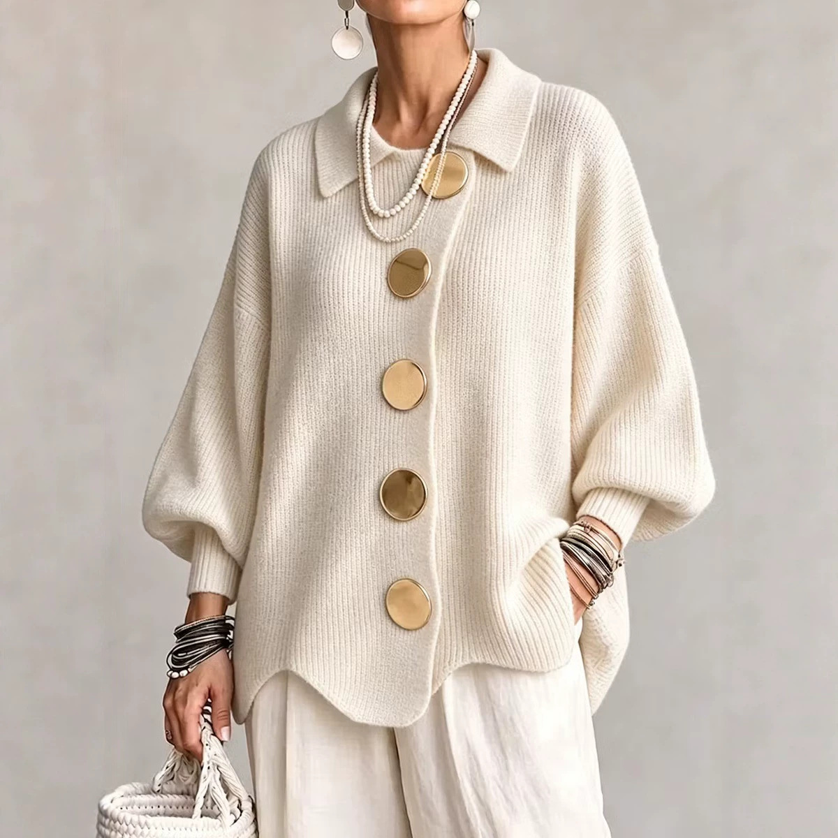 Women's Knit Round Neck Long Sleeve Cardigan Sweater