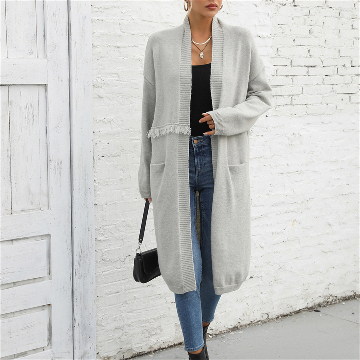 Women's Plus Size Long Fringe Cardigan Sweater with Pockets