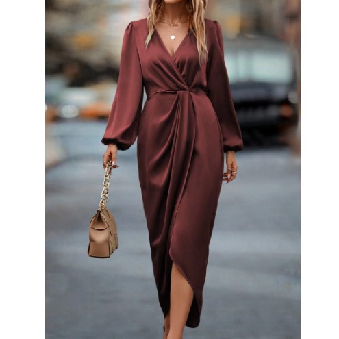 Women's Solid V-Neck Long Sleeve Split Waist Dress
