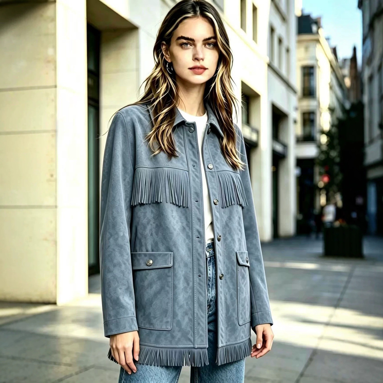 Fringe Faux Suede Jacket Women's Western-Style Collared Snap-Front Mid-Length Casual Coat