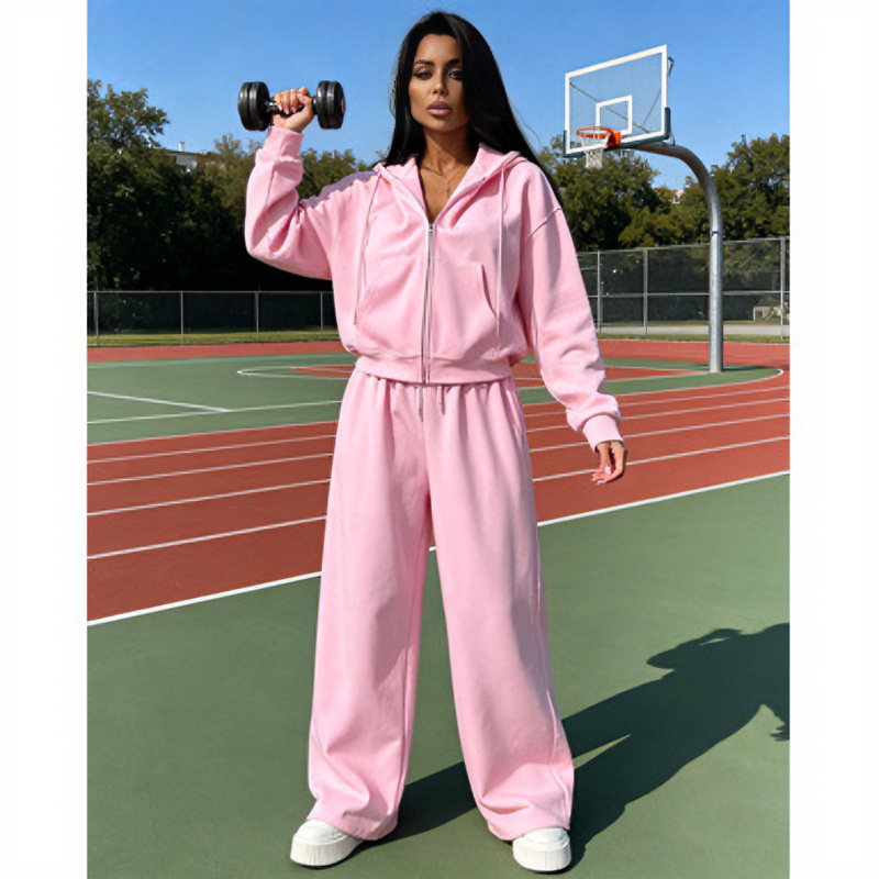 Women's Zip-Up Hoodie and Drawstring Pants Two-Piece Tracksuit Set