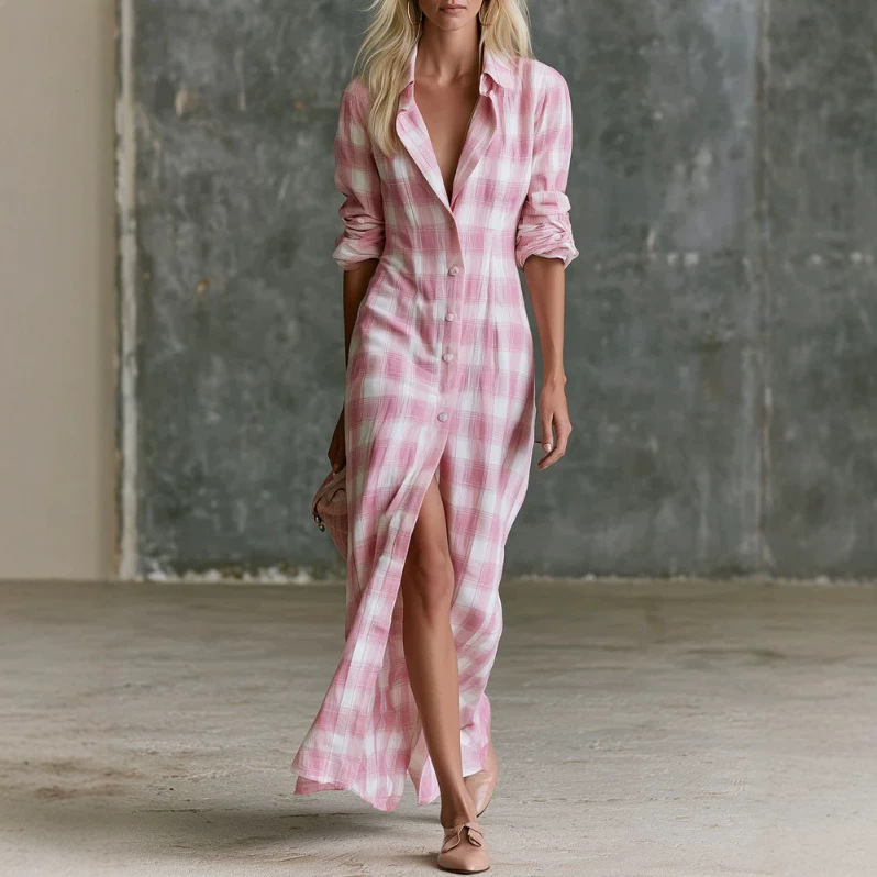 Retro Pink Plaid Long Shirt Dress
