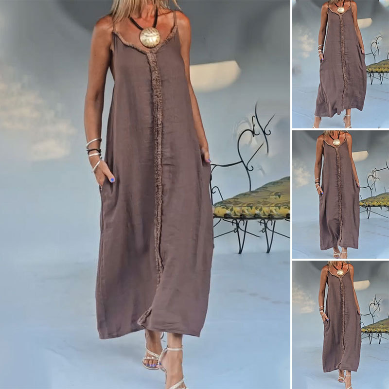 Women's Loose Casual Solid Color Sleeveless V-Neck Midi Dress