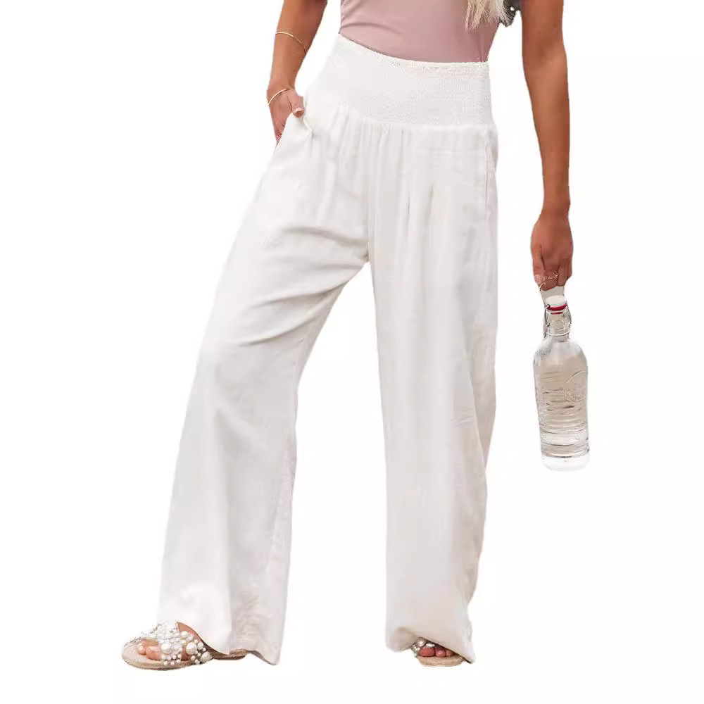 Women's Cotton Linen Wide-Leg Pants Smocked Mid-Rise Boho Casual
