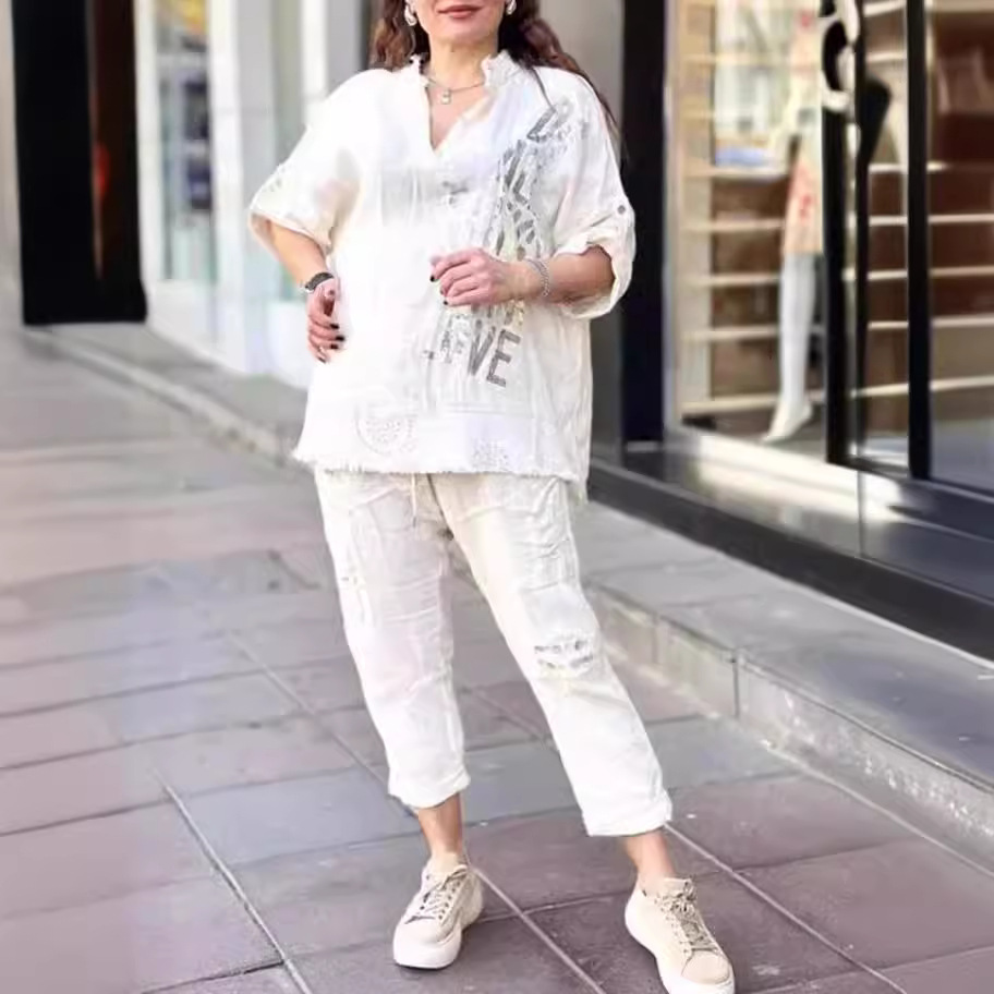 Letter Print Half-Sleeve Long Pants Loose Two-Piece Set