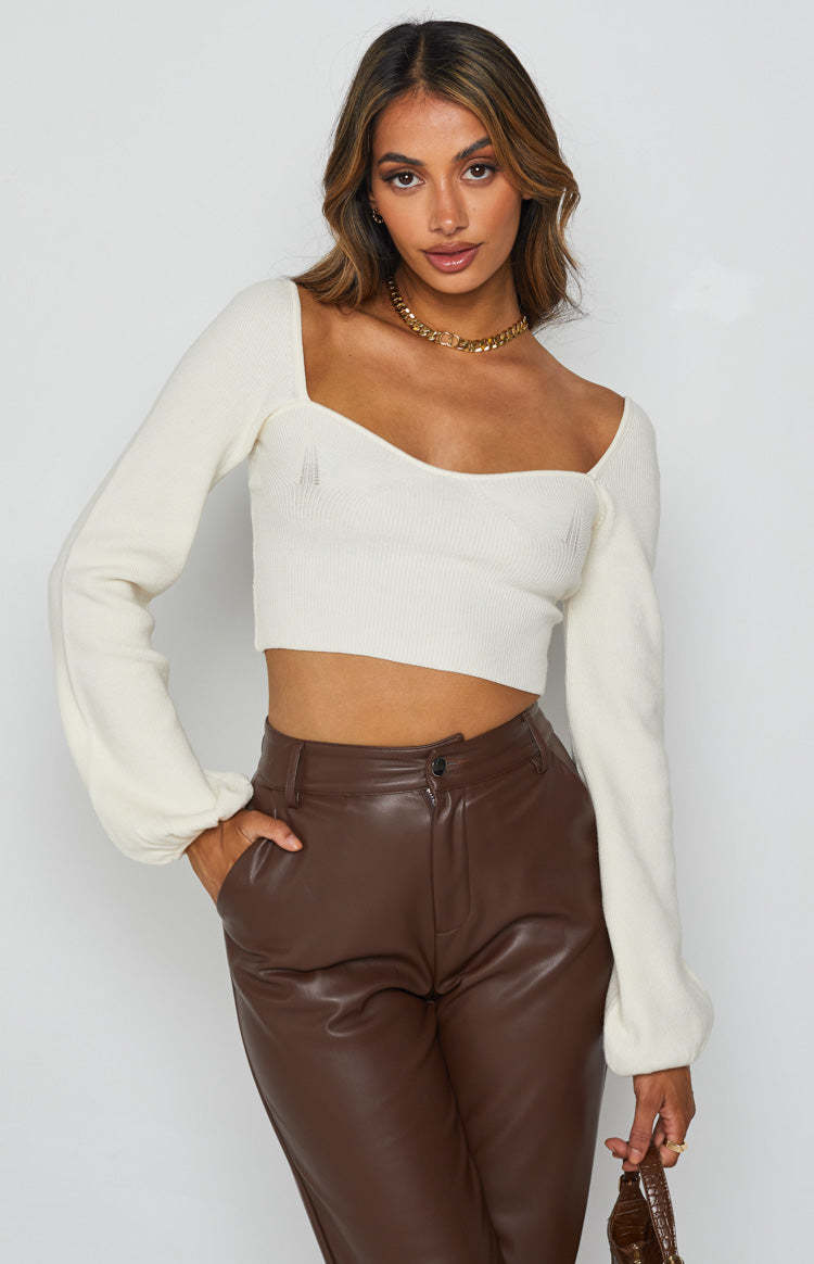Retro Square-Neck Open-Back Knit Top with Puff Sleeves