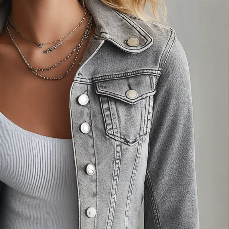 Gray Denim Jacket with Flared Sleeves and Ruffle Hem