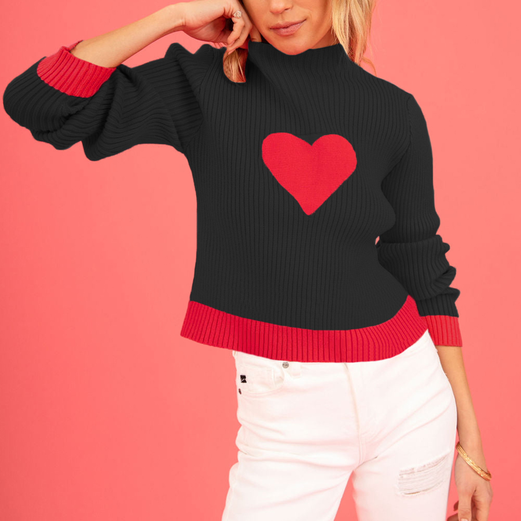 Colorblock Heart Mock Neck Slim Fit Knit Sweater