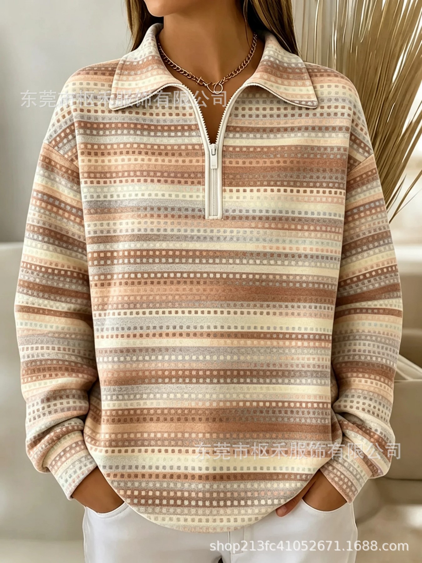 Striped Marker Print Half-Zip Hoodie with Collar