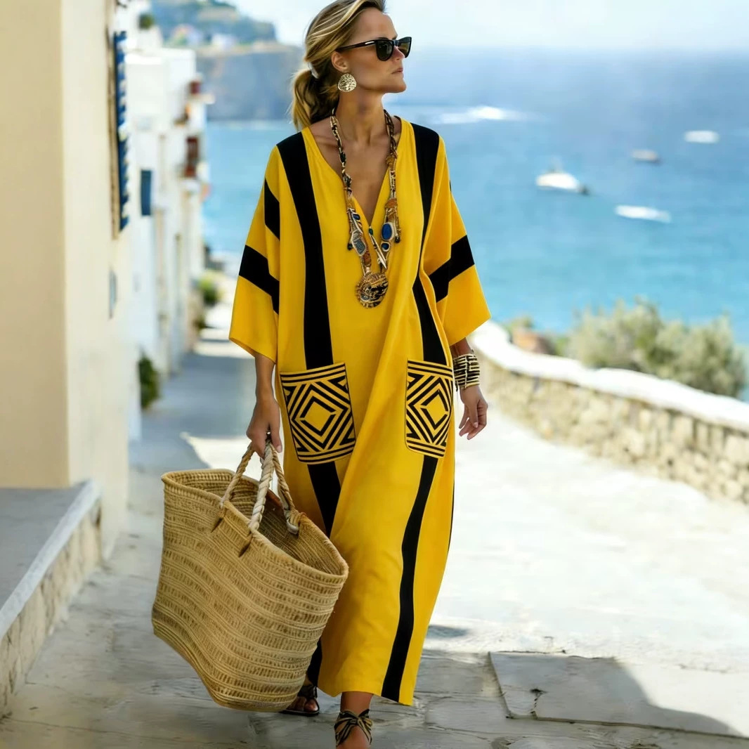 Women's Boho Floral Print Midi Dress Deep V-Neck Five-Sleeve Slim Fit